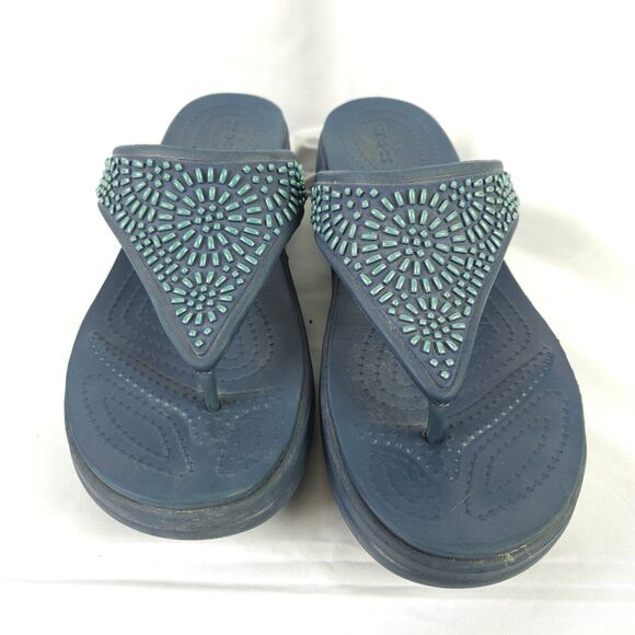 Crocs Shoes Women's Size 9 Blue 206343 Monterey Diamante Wedge Slip-on Sandals - Picture 1 of 9